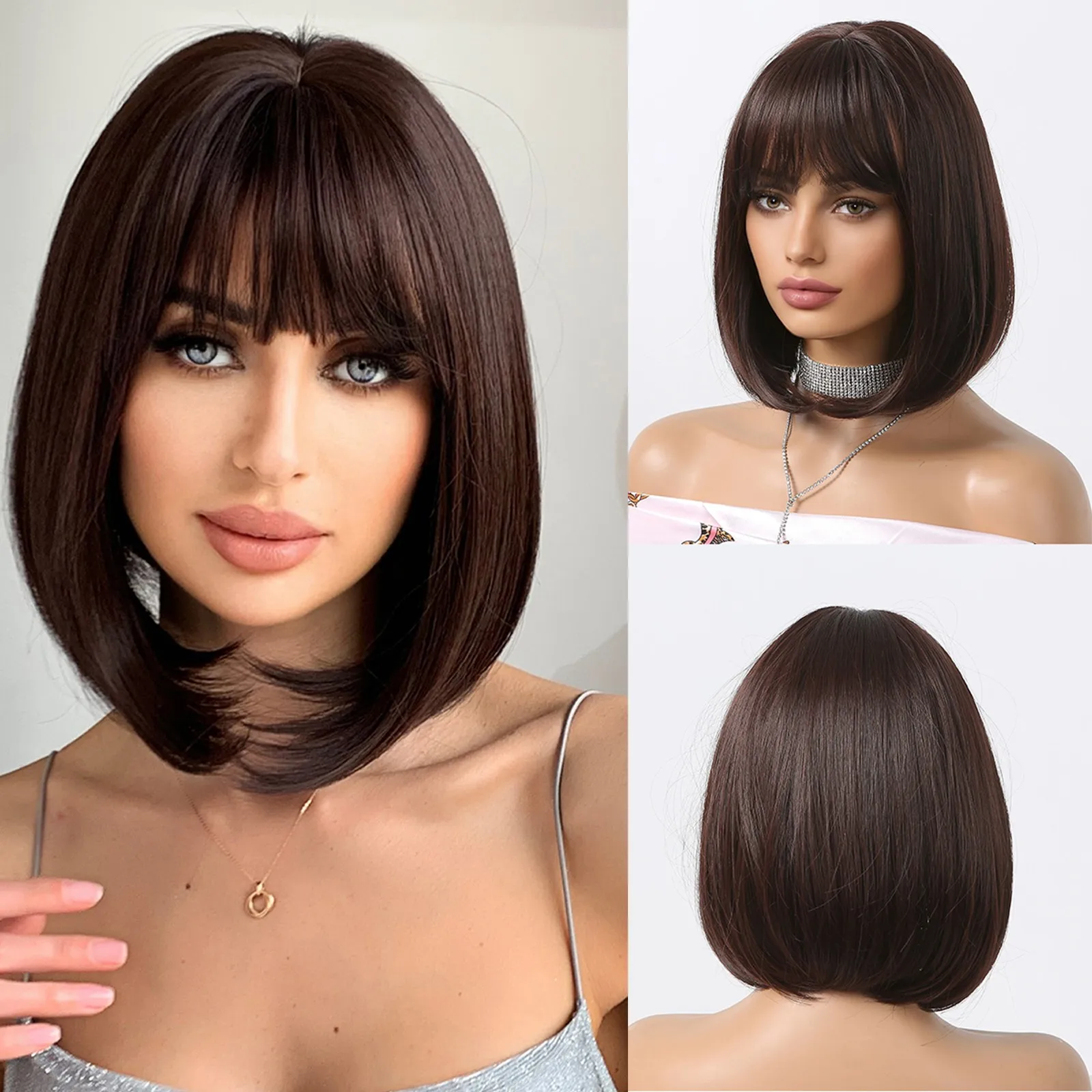 Bob Straight Natural Choc Brown Cosplay Wig With Fringe Synthetic Hair Halloween