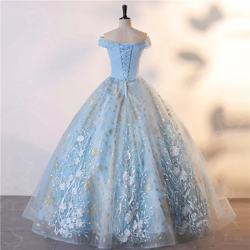 Off The Shoulder Pearls Blue Quinceanera Dresses Sweet Floral Lace Appliqued Luxury Ball Gown Classic Boho Vestidos For Girls