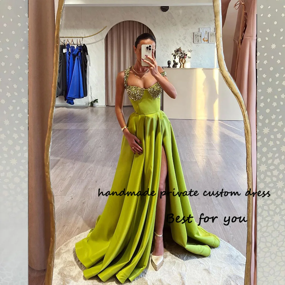 

Luxury A Line Satin Evening Dresses with Leg Split Sequin Beads Sweetheart Prom Party Dress Long Celebrate Event Gowns