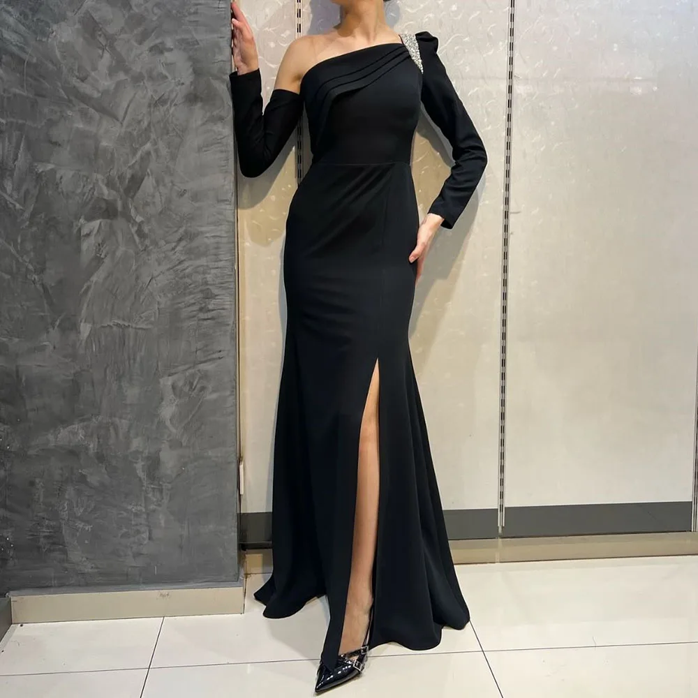 

Customized A-Line Prom Dresses Floor-Length One-Shoulder Full Sleeve Evening Gown Fashion Crystal Pleat Side Split Party Gown