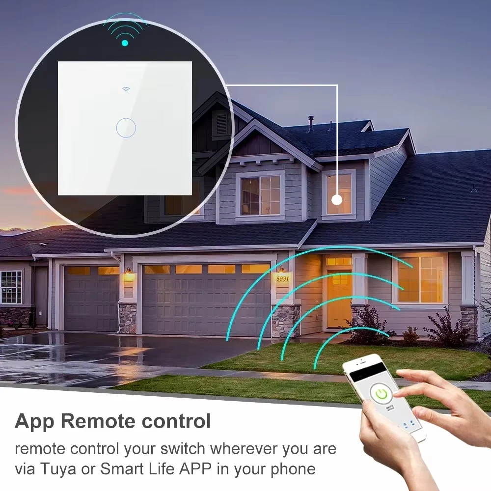 220V with no Neutral EU 1/2/3/4 Gang EU WiFi RF 433mhz Smart Wireless Touch Wall Light with Switch Tuya Alexa Google