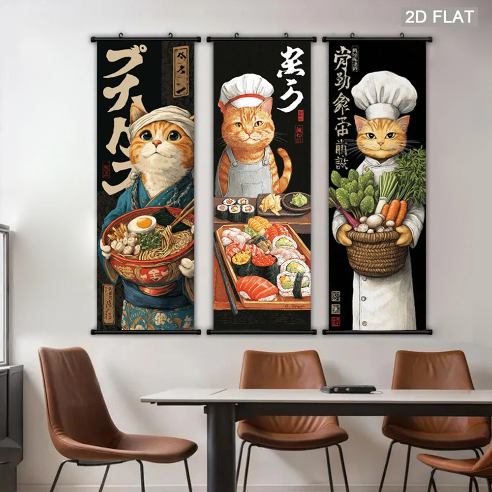 Retro Japanese Cat Chef Tapestry, Fun Orange Cat Sushi Ramen Ukiyo-e Wall Scroll, Art Poster, Dining Room Wall Hanging Decor