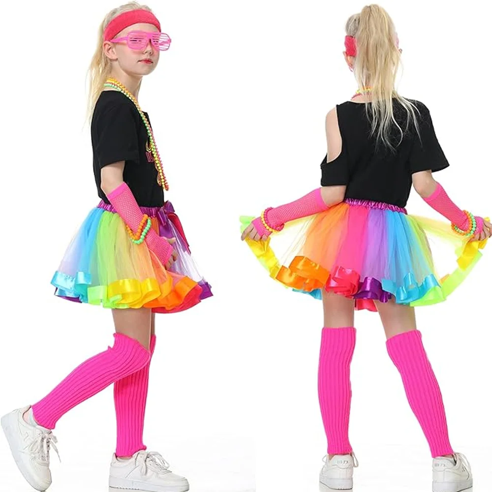 80s Costume Cosplay Kids Girl T-Shirt Rainbow Tutu Skirt Neon Accessories Glasses Halloween Carnival Themed Party Disco Disguise - view 4