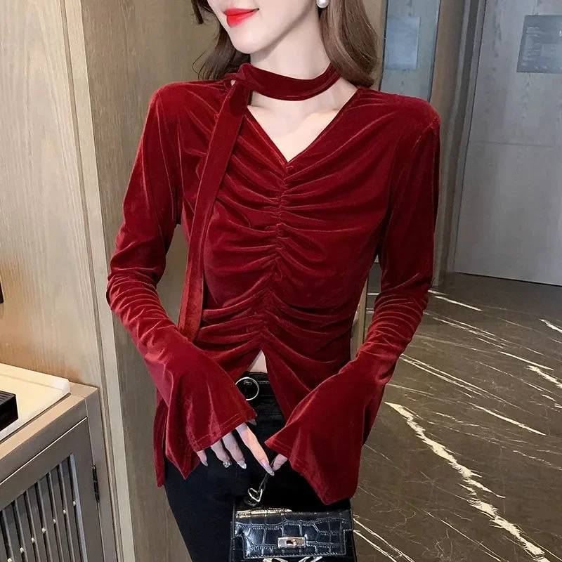 Chemises et chemisiers noirs à col en V pour femmes, Vintage, moderne, nouveau, élégant et jeunesse, haute qualité, manches longues, luxe, meilleure vente, 2025