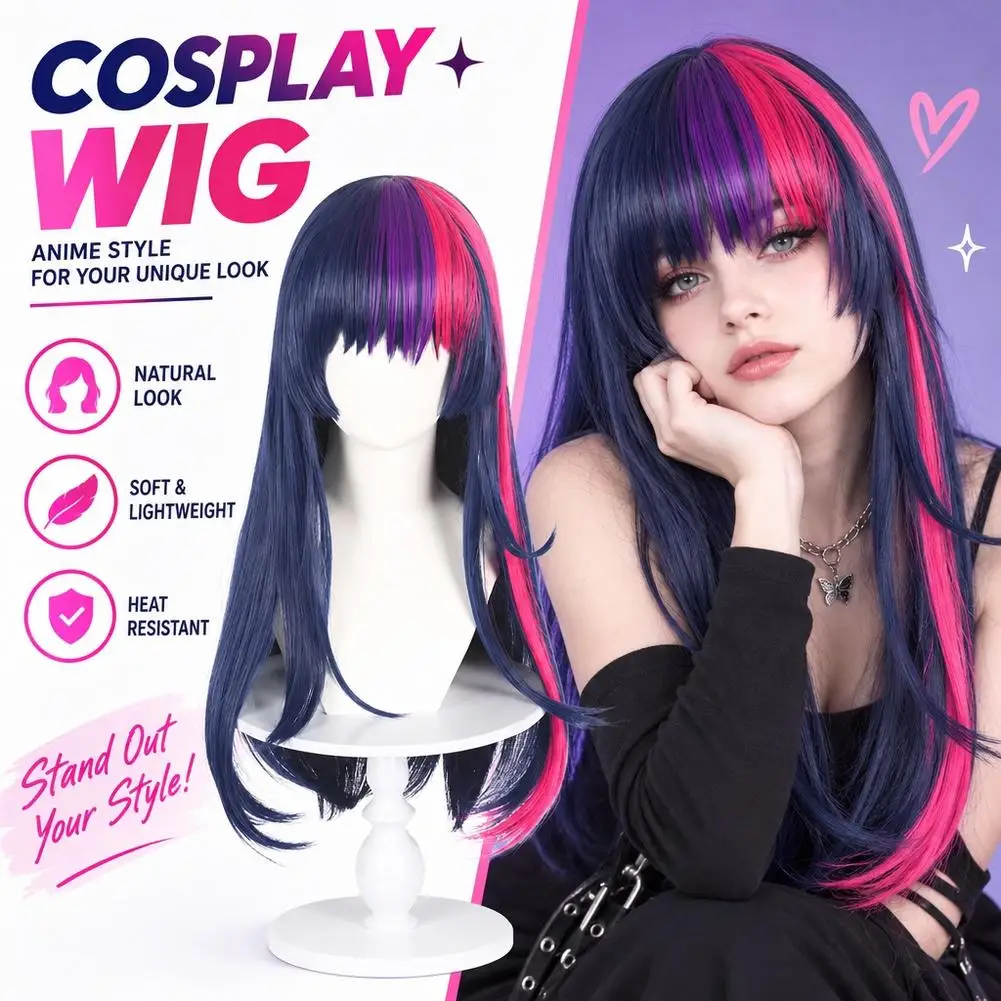 Pink Purple Neat Bangs Long Straight Hair Synthetic Wig Chemical Fiber Twilight Sparkle Role Playing Animated Pony Figure Use