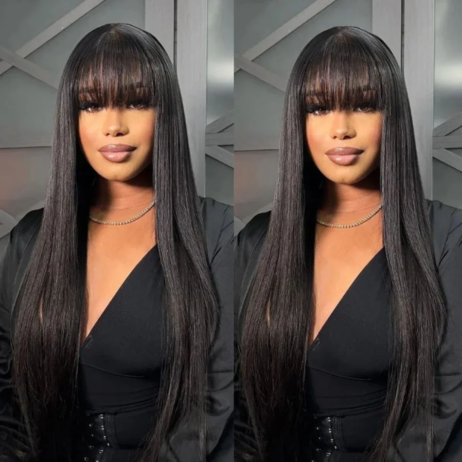 Natural Black Bone Straight Human Hair Wig With Bangs 30Inch Glueless Brazilian 3x1 Lace Wigs Full Machine Made Wig