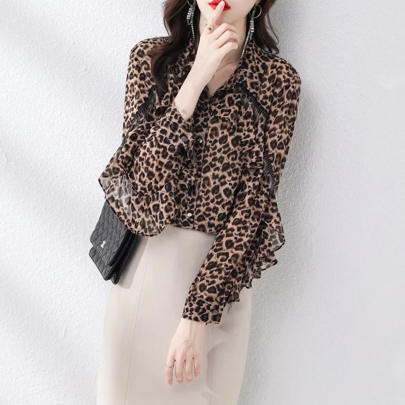 Long Sleeve Tassel Temperament Women\'s Clothing Sexy Leopard Commute Lapel Single-breasted Spring Simplicity Casual Tops Shirt