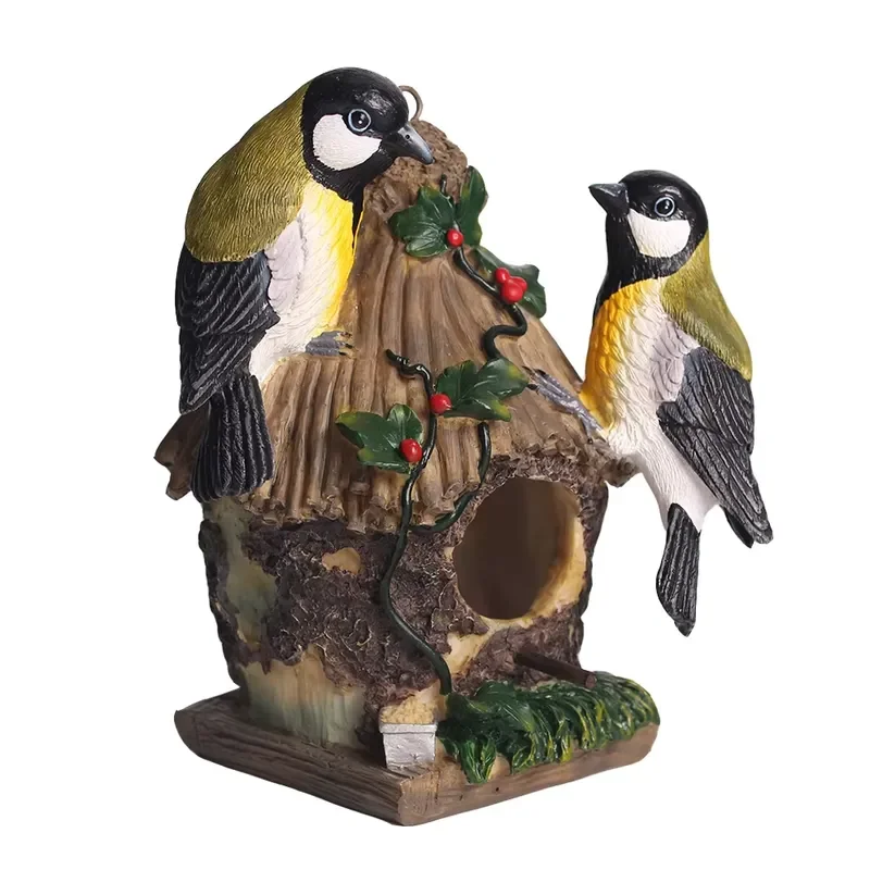 Resin Bird Feeder with Two Sparrows & Berry Vine, Hanging Bird Feeder for Garden Decoration