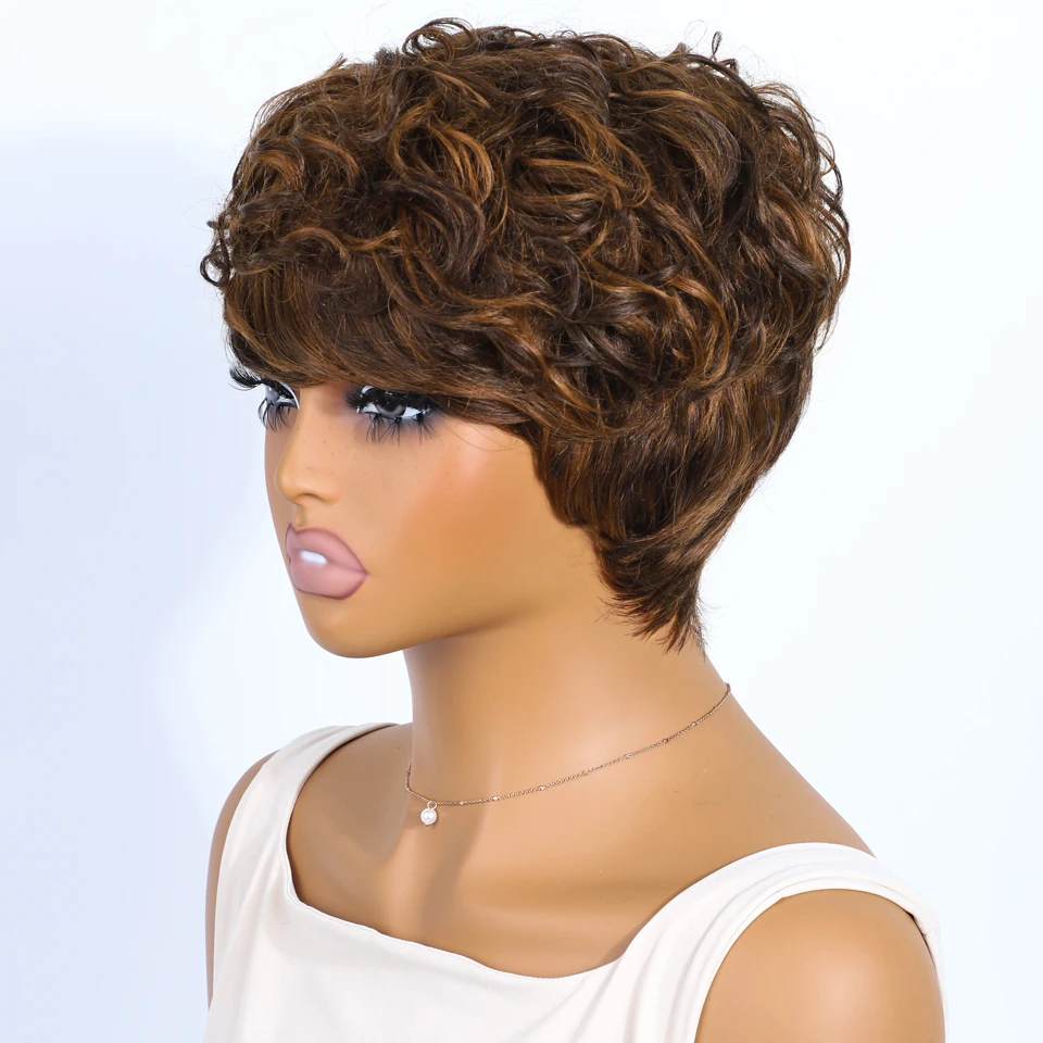 Rebecca Mixed Brown Short Pixie Cut Curly 100% Human Hair Wig For Women Brazilian Remy Hair Colored Side Part Full Machine Wigs