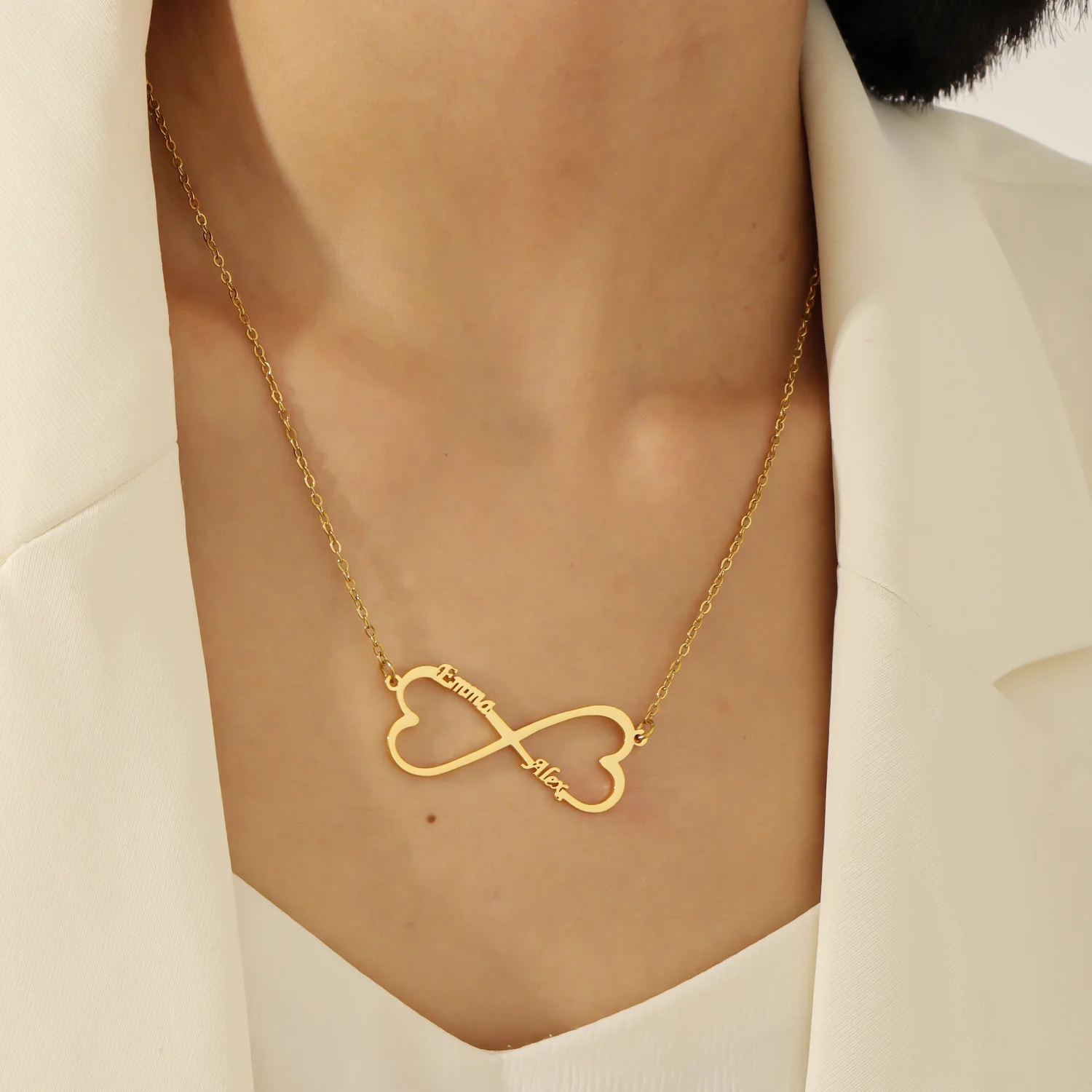 

Ожерелье «Бесконечность» с двойным именем на заказ, позолоченное ожерелье из нержавеющей стали в форме сердца, символ бесконечности, тонкая цепочка, пара, Рождественский подарок