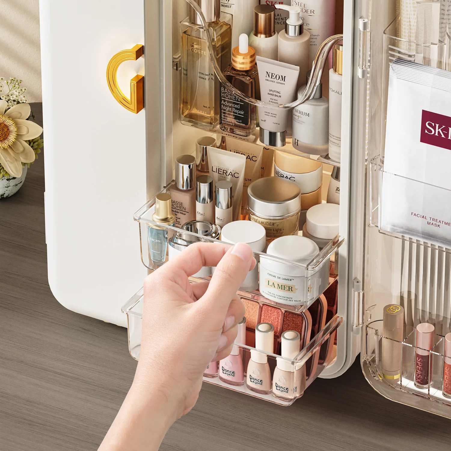 Cosmetics storage box, advanced light luxury skin care products, lipstick storage rack, moisture-proof and dustproof desktop fin