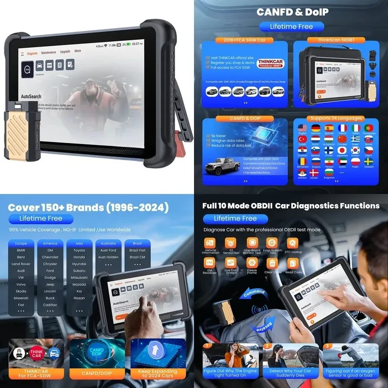 Global Version THINKCAR THINKSCAN 689BT OBD2 Diagnostic Tool DOIP CANFD Bi-directional ECU Coding 34 Resets Lifetime Free