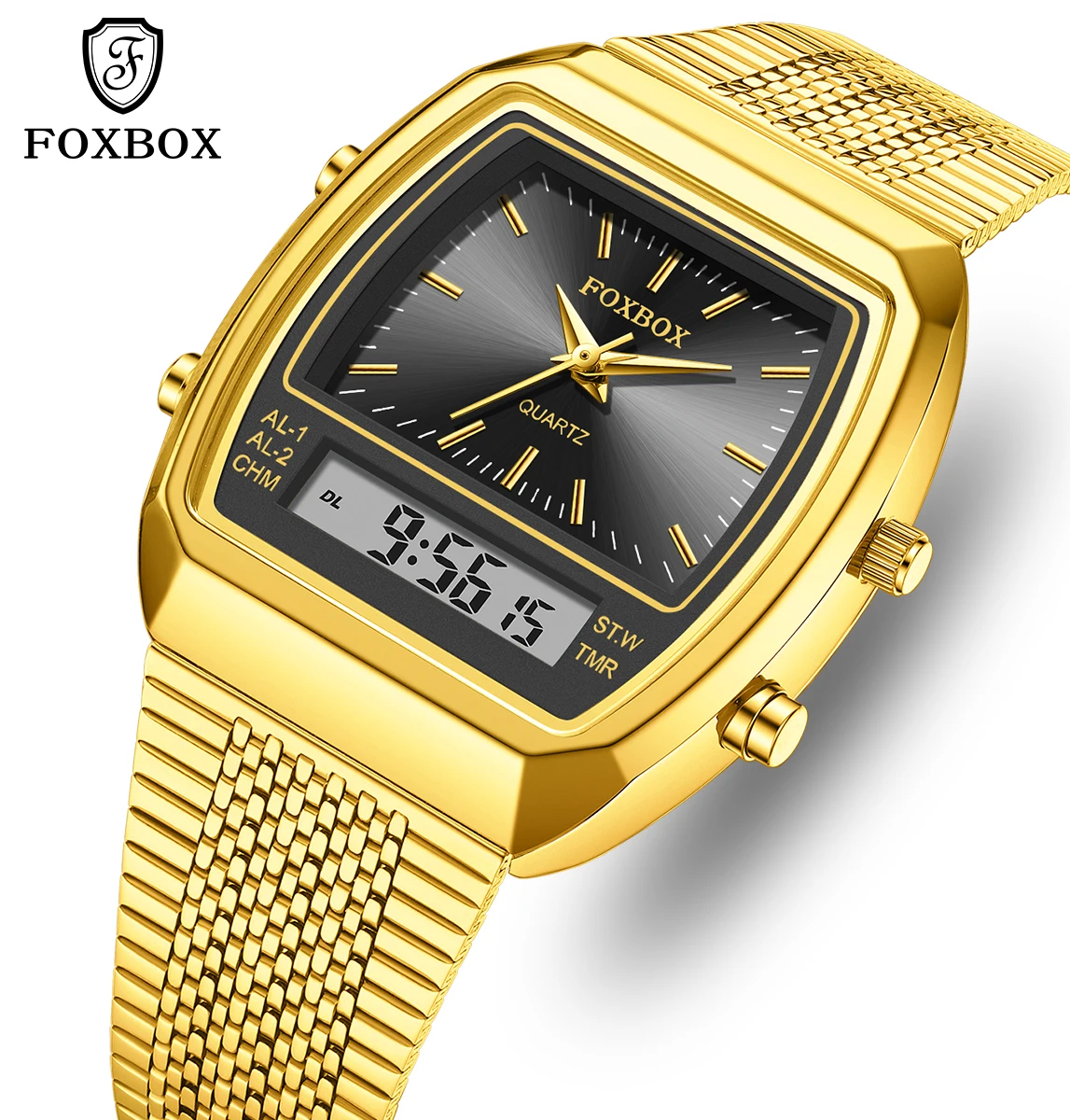

FOXBOX светодиодные мужские часы с двойным дисплеем, золотые наручные часы, кварцевые модные брендовые роскошные спортивные цифровые часы