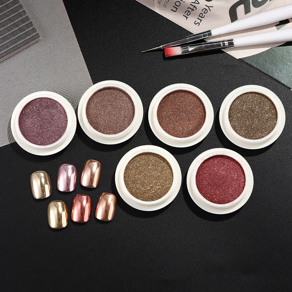 6 Colors Gold Pink Metallic Powder for Nail Mirror Effect Champagne Gold Sequins for Nails Autumn Winter Chrome Nail Art Supplie