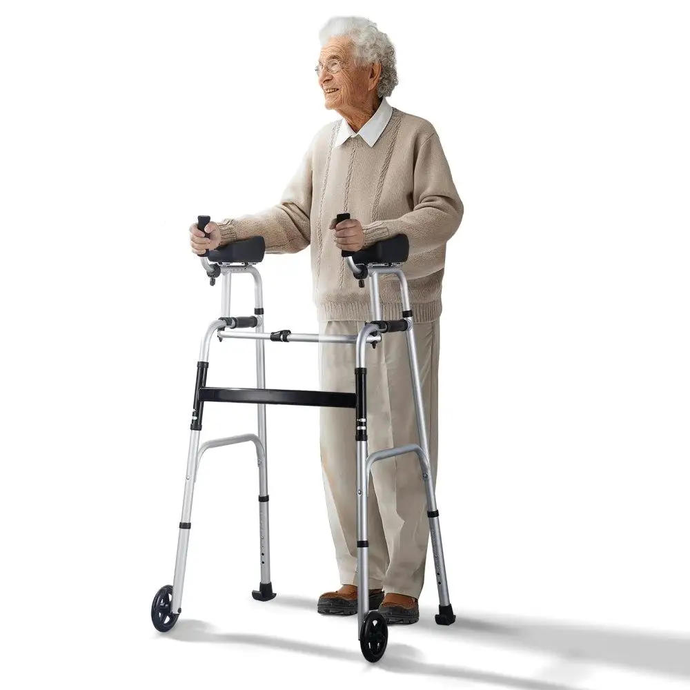 

Multi-Functional Folding Walker with Armrest Pads and 5 inch Solid Wheels Height Adjustable