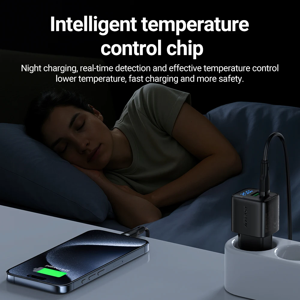 Pengisi Daya Cepat Ponsel ACEFAST EU GaN PD25W untuk iPhone 16 15 14 Pro Max Port USB C USBA dengan Adaptor Perjalanan Dinding Tampilan Digital LED