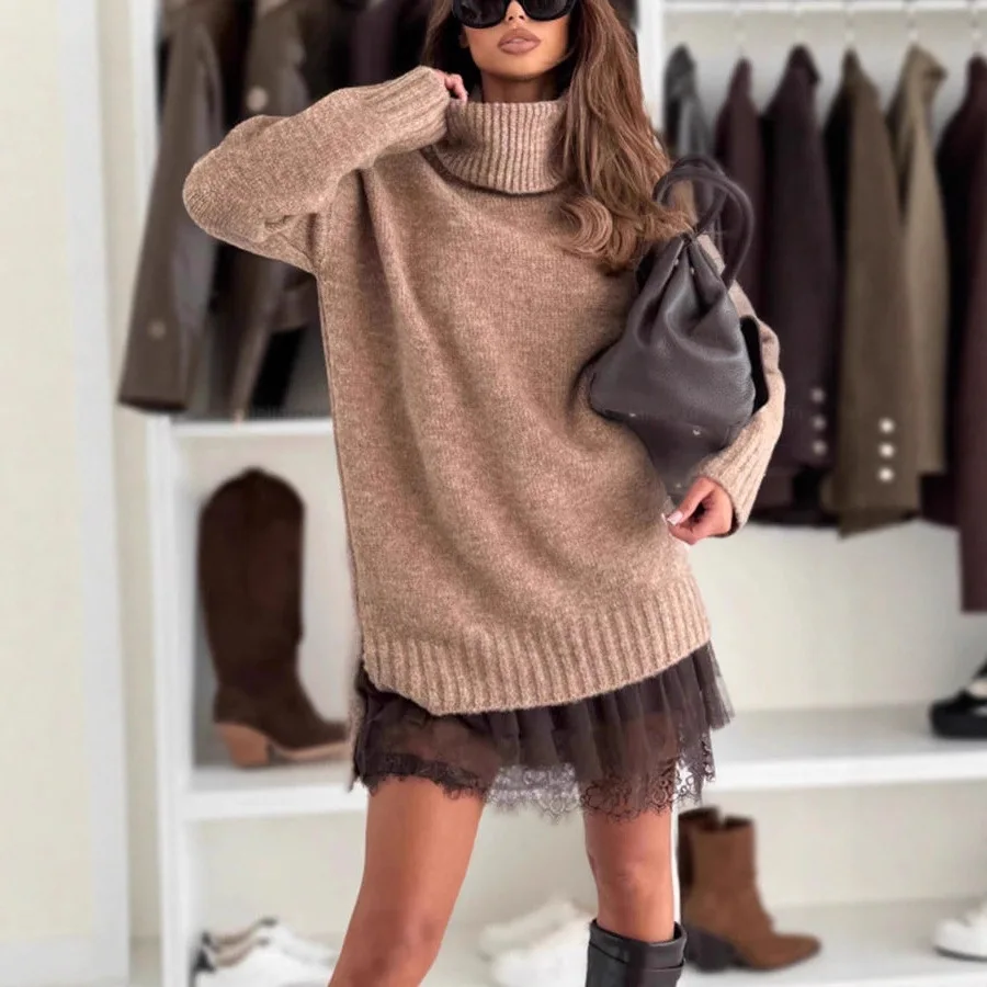 

2026 Winter New High Neck Knitted Underwear Knitted Dress Set Solid Color Loose Two Piece Womens Outfit