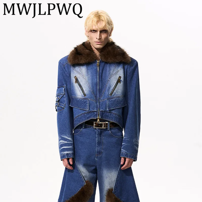 

MWJLPWQ Faux Fur Patchwork Collar Denim Men's Jacket Autumn Winter American Style Niched Short Trend Tops 2025 Autumn New 12347