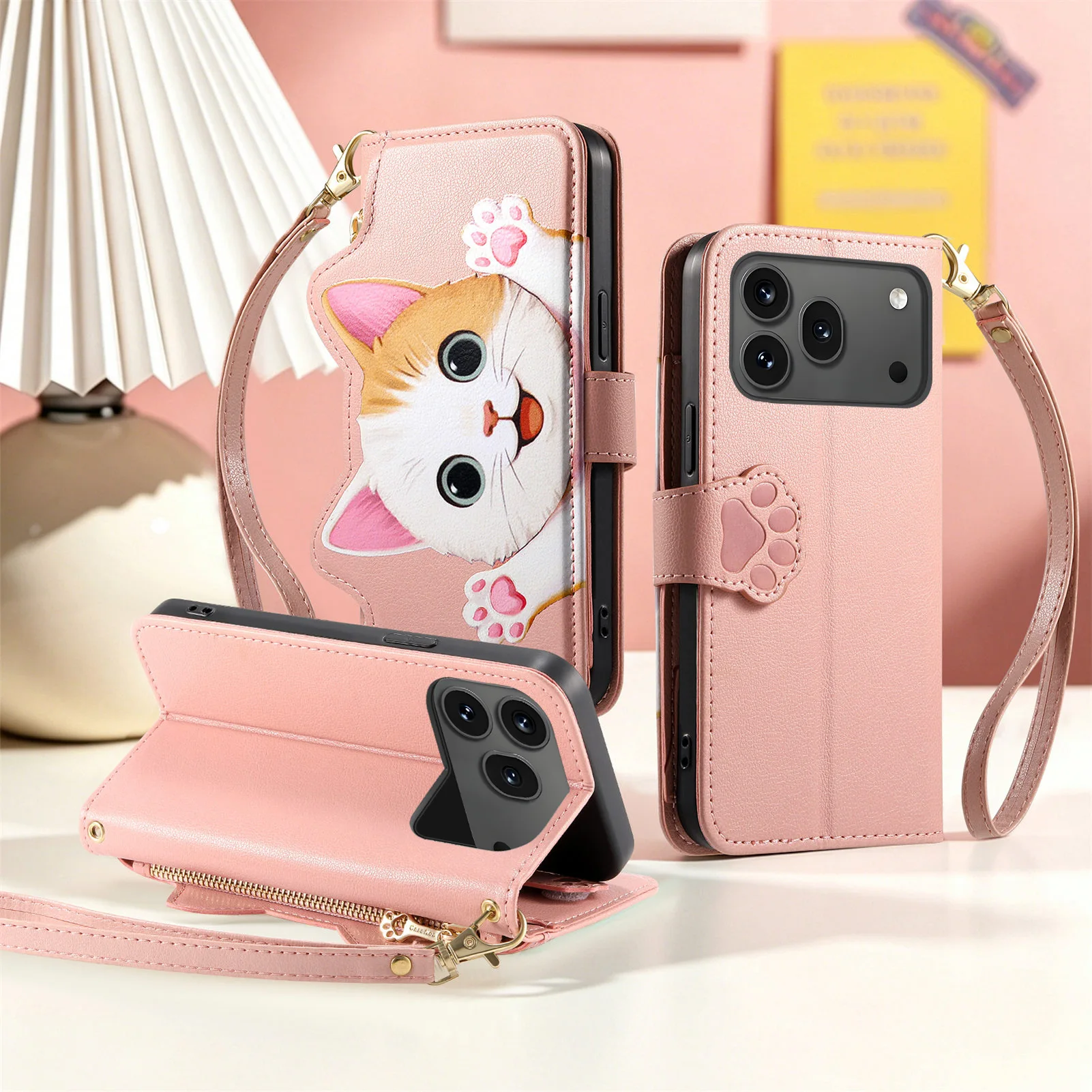 Multi 5 Cards Crossbody Wallet Case For OPPO A6T Pro 4G A6C A6S A6T A6X A6 A5 A5X A3 A1 Cartoon Cat Lanyard Leather Flip Cover