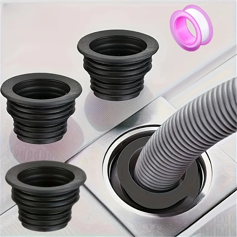 3Pcs Anti-odor Telescopic Drain Rings +1Pc PTFE Tape, Black Rubber Leakproof Seals for Bathroom & Washing Machine, Easy Installa