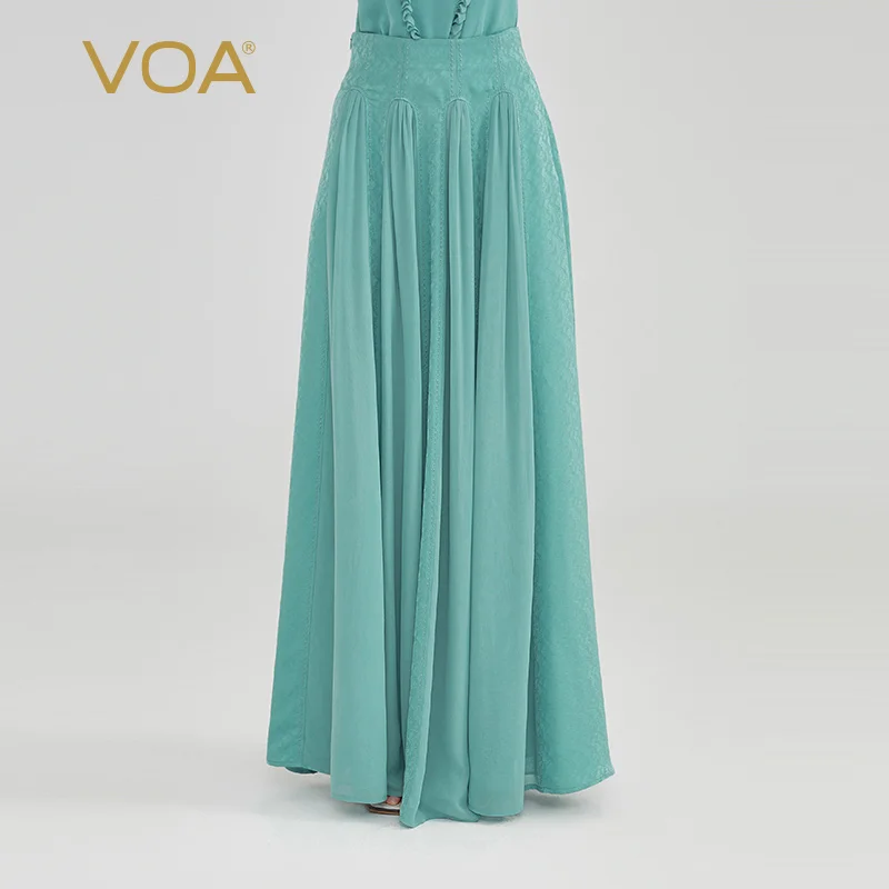 VOA Silk Jacquard 22 Momme Coconut Blue Multi Waist Arch Needle Craft Open Thread Decorative Side Pocket Half Skirt CE212