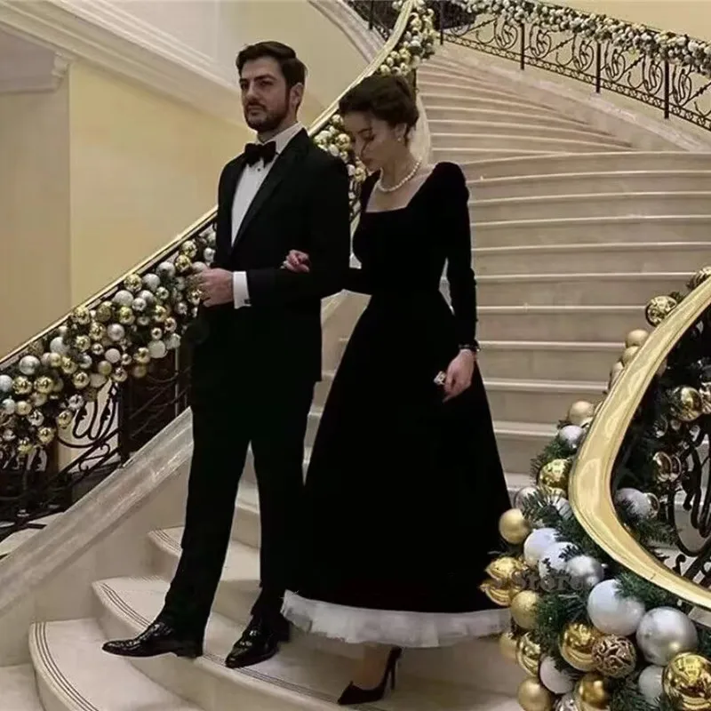 Customized Long Sleeves Gown for Women Party Elegant Square Neck Prom Dresses Black Velour Ivory Tulle Evening Dress A Line