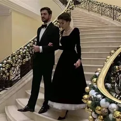 Customized Long Sleeves Gown for Women Party Elegant Square Neck Prom Dresses Black Velour Ivory Tulle Evening Dress A Line