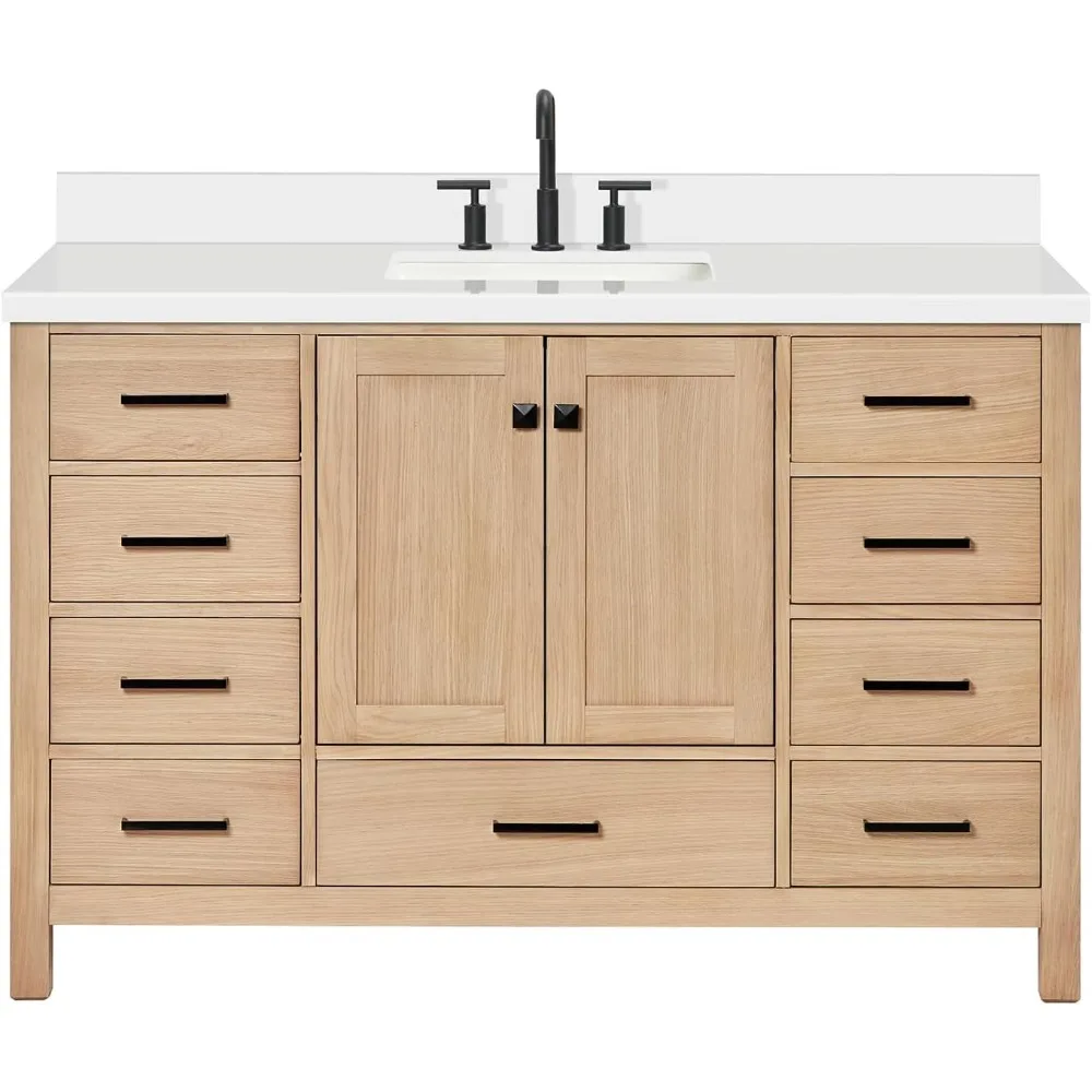 Single Bathroom Vanity with Rectangle Sink,Edge Pure Quartz Countertop & Backsplash,Soft Closing Doors, Dovetail Drawers