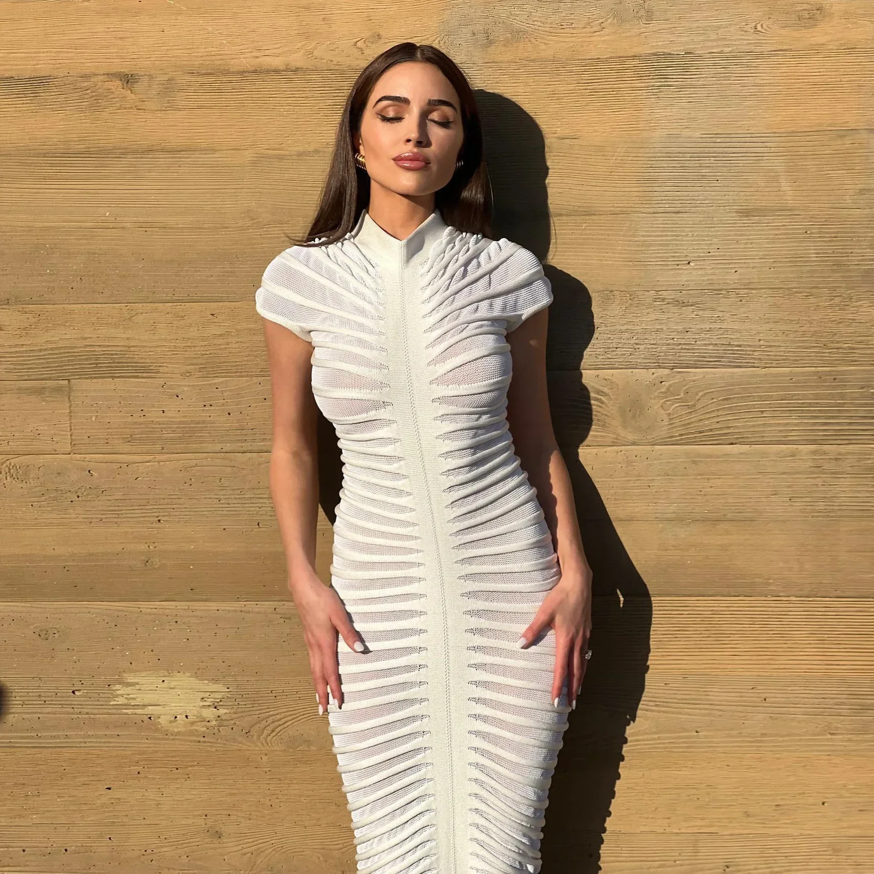 

See Through Knitted Half High Collar Maxi Dress Elegant Sexy Short Sleeve Bodycon White Dresses Women Evening Party Beach Robes