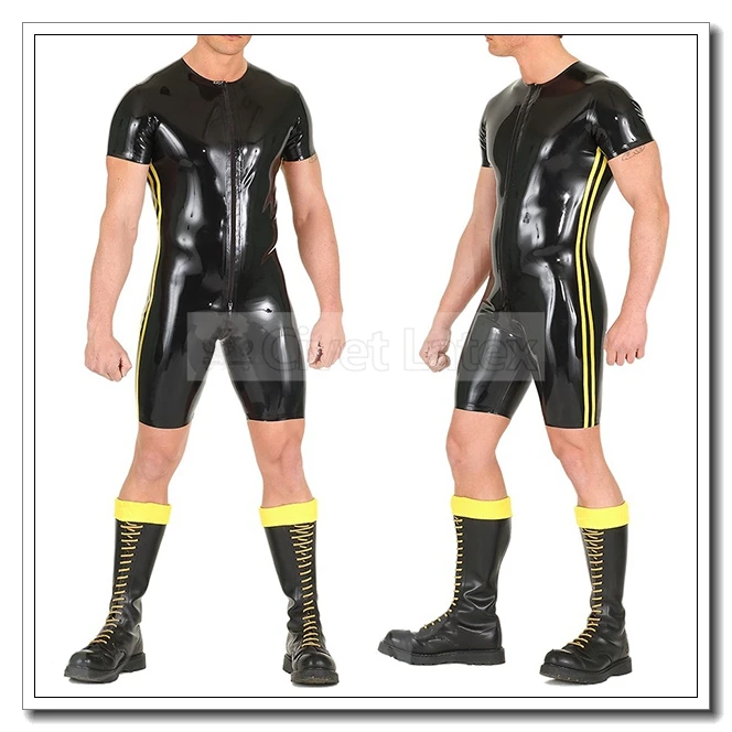 

Civet Latex Leotard Side Yellow Trims Short Sleeveless Front Zip Round Neck Customied 0.4mm K10