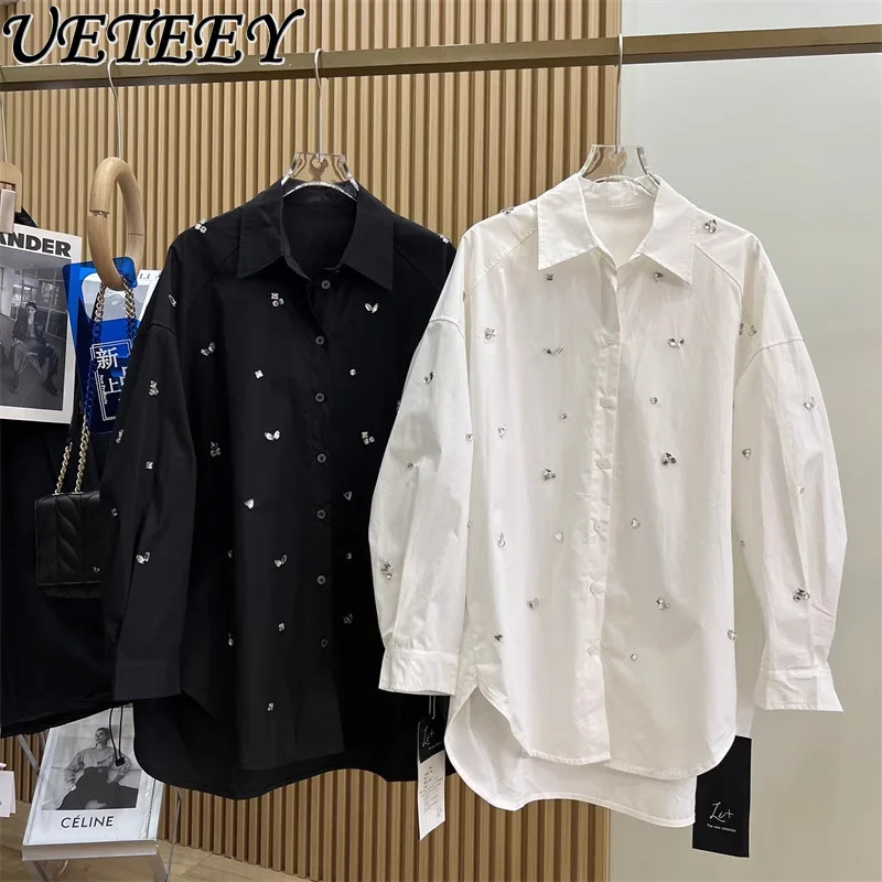 European Goods Light Luxury French Tops Heavy Industry Hand-Sewn Rhinestone Lapel Profile Long Sleeve Mid-Length Shirt for Women