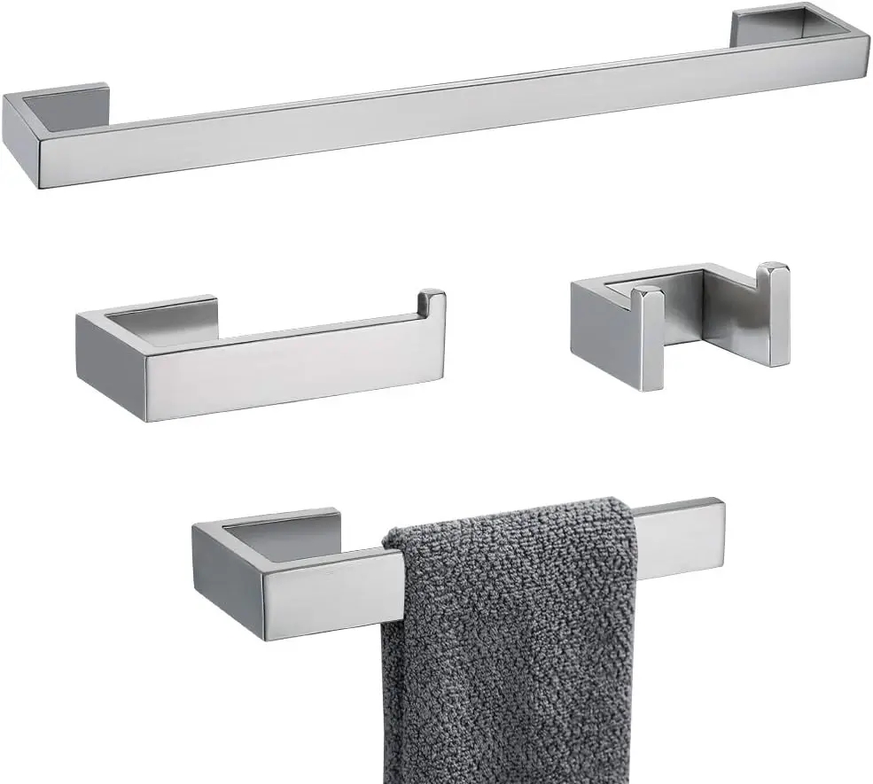 

4-Piece Stainless Steel Bathroom Hardware Set with Towel Bar, Holder, Robe Hook & Toilet Paper Holder