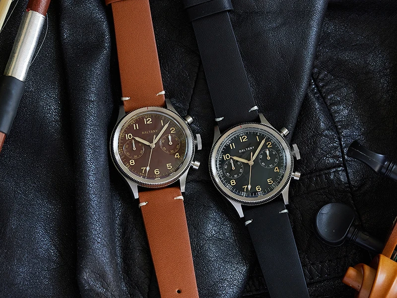 Baltany S5054 Pilot Chrono Quarzuhren, schnelles Zurücksetzen, drehbare Lünette, geriffelte Lünette, Vintage-Retro-Stil, Saphirglas mit Lume – Detail 3