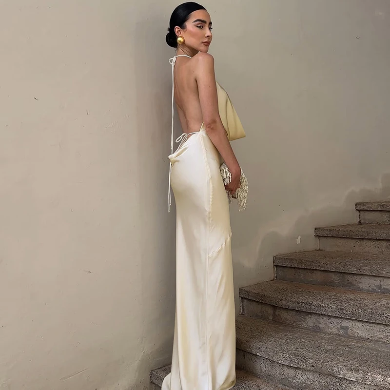 DGLUKE Halter Cowl คอซาตินชุดยาวผู้หญิงเซ็กซี่ Backless Draped Maxi ชุดหรูหราชุดราตรีชุด
