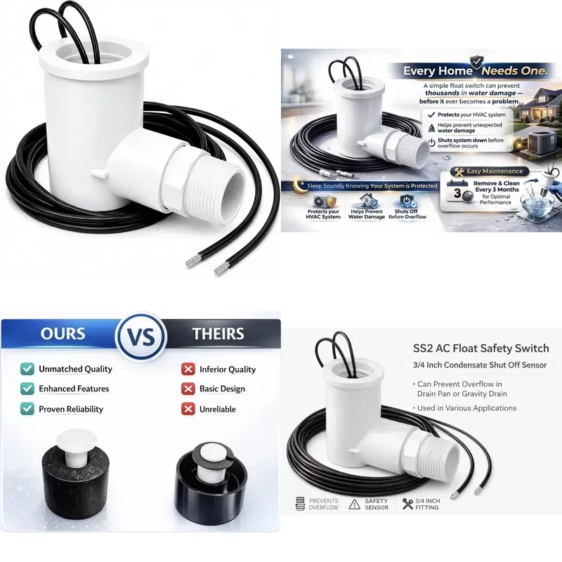 AC Float Safety Switch 24V PVC for HVAC System Condensate Overflow Prevents 3/4 Port Prevents Tank Overflow ECWB Model