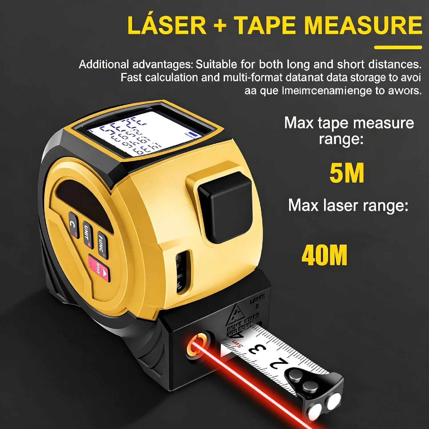 3-in-1 Laser Tape Measure, 40m Laser Rangefinder + 5m Tape, Multi-Mode M/in/Ft, for Pythagorean, Distance, Area & Volume view 2