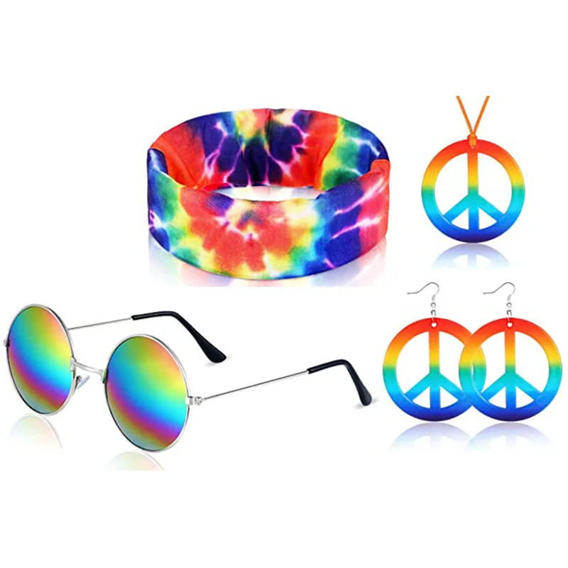 4pcs Hippie Costume Accessories 70s Hippie Rainbow Outfit Tie-dye Headband Peace Sign Necklace Sunglasses Carnival Party Cosplay