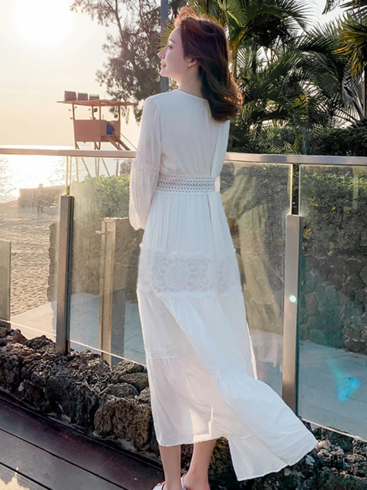 SMTHMA Summer Lace Dress Beach Holiday Boho White Linen Cotton Plus Size Long Dresses for Women Hollow Out Casual Robe Vestidos