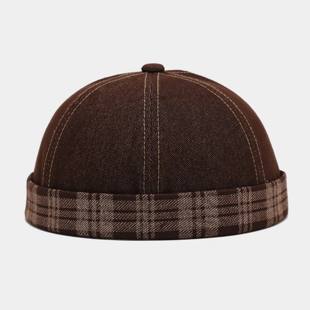 Denim Material Denim Docker Cap Adjustable Design Brimless Style Brimless Sailor Hat Unisex Size Plaid Pattern