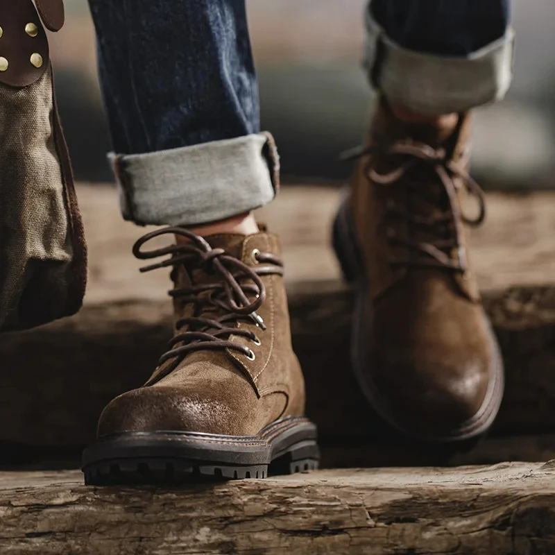 Maden Men's Vintage Split Suede Boots Brown High-Top Work Boots Lace-Up Desert Ankle Rugged Sole Boots Outdoor Winter Fall Shoes