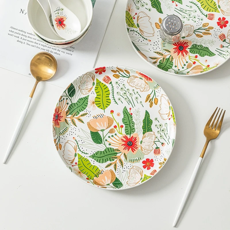 

European-style colorful flower tableware, ceramic dish plate, steak plate, high-quality flat plate, high temperature resistance