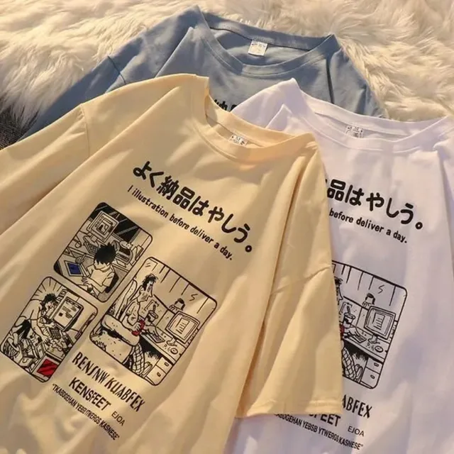 W japońskim stylu Harajuku styl letnia koszulka z krótkim rękawem dla kobiet nadruk Retro ponadgabarytowych dorywczo koszula z okrągłym dekoltem