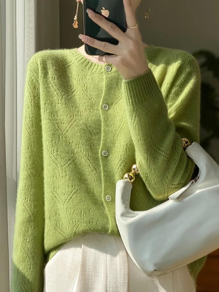 New Chic Women\'s Hollow O-neck Cardigan Spring Autumn 100% Merino Wool Sweater Grace Solid Soft Cashmere Knitwear Korean Style