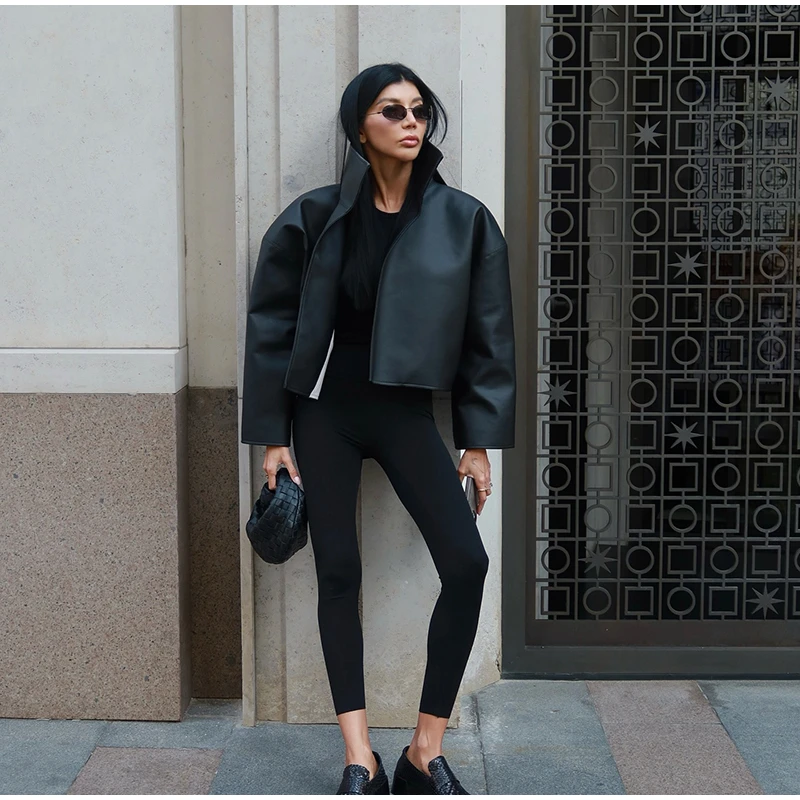 Women Waist Cinching Leather Jacket Solid Stand Neck Zipper Pocket Loose Jackets Lady New Vintage Fashion Street Outwear 2026