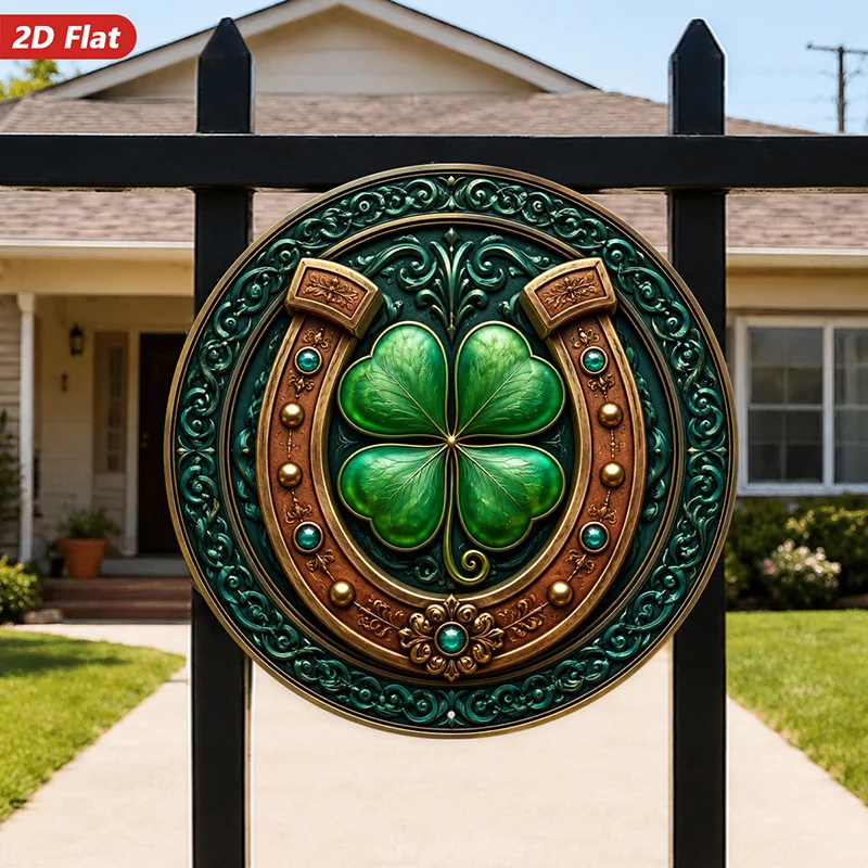 2D Flat, 1pc Round Metal Sign Wall Art, Four - Leaf Clover and Horseshoe Home Decor, with Celtic Motifs, Ornate Design, Lucky Sy