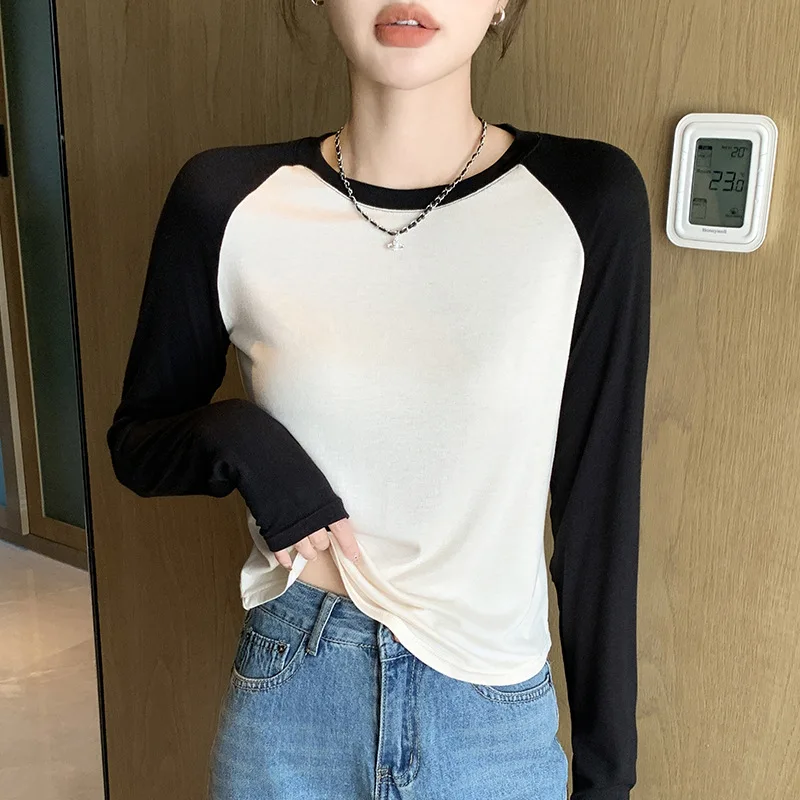 Color Block Patchwork Top, Women's Raglan Long Sleeve Fitted T‑Shirt, Crew Neck Slim Fit Fall Y2K Girl Tee Office‑chic