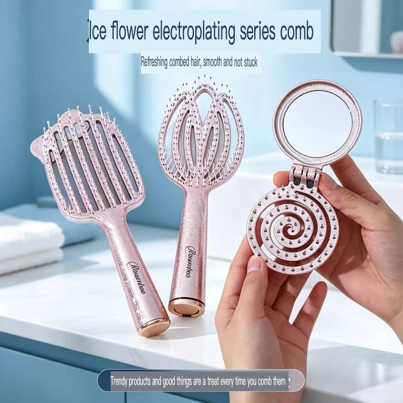 Ice Flower Electroplated Comb, Hollowed-out Breathable Cushion Comb, Household Anti-tangling Portable Massage And Hair Care Comb