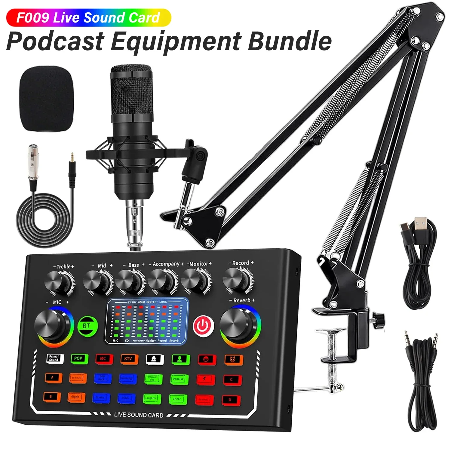 

F009 Sound Card Set Live Broadcast Bluetooth Audio Recording DJ Mixer with Microphone Set Device for Smartphone Live Streaming