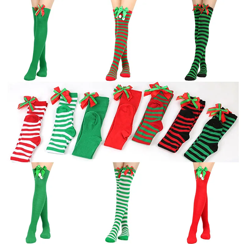 

Sweet Striped Stockings For Women Christmas Santa Claus Cosplay Bows Cute Socks Over The Knee Girls Stocking Students Christmas