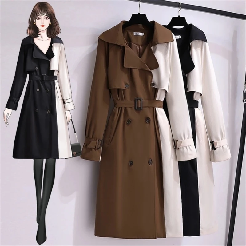 

spring autumn Long Trench Coat Women Casual Korean Patchwork Double Breasted Loose Windbreaker Jacket Women's Overcoat With Belt